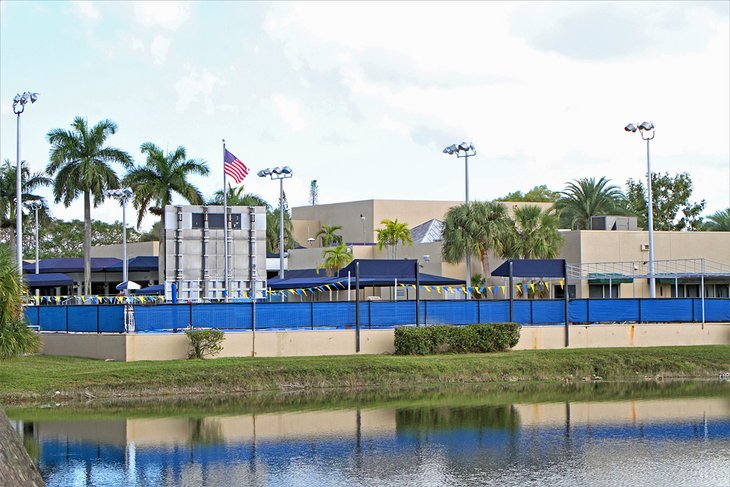 The Coral Springs Aquatic Center lies beside a lake