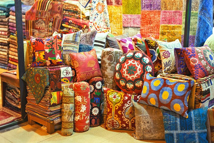 Colorful pillows on display in the Grand Bazaar