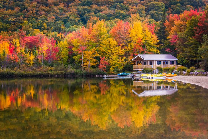 Boathouse and fall colors on Echo Lake