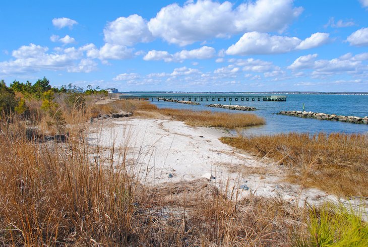 Sandy dunes and the Crab Pier at Holts Landing State Park