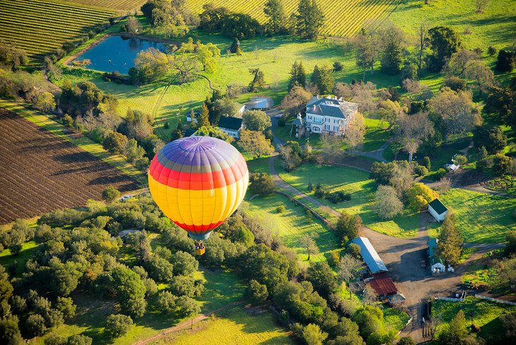 Hot air balloon flying over Napa Valley