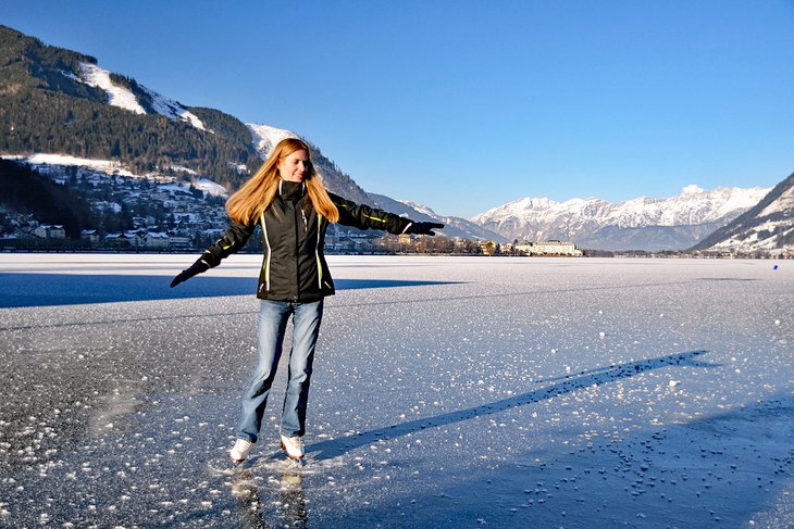 Skating on a frozen lake in Zell am See, Austria
