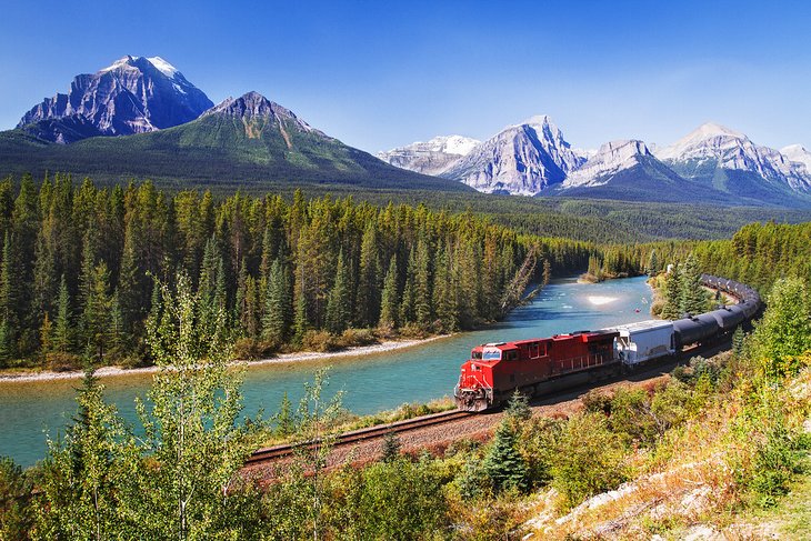 Train passing through the Bow Valley in the Canadian Rockies