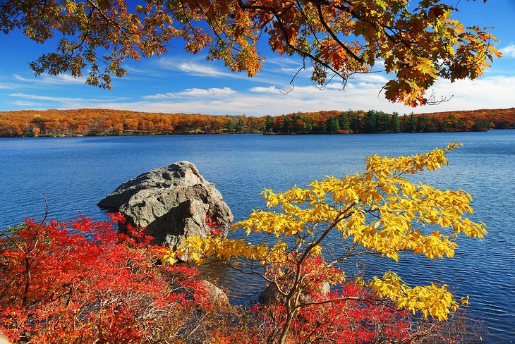 Fall colors along a lake in the Hudson Valley