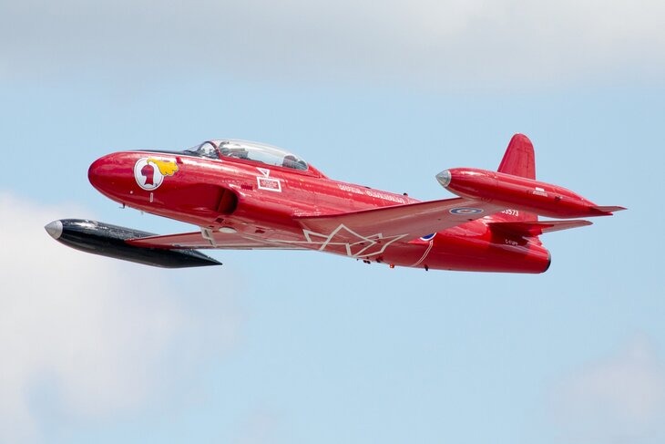 Jet Aircraft Museum"`s Canadair CT-133 Red Knight participating in the London Airshow