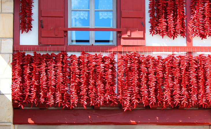 Rows of peppers drying in the village of Espelette