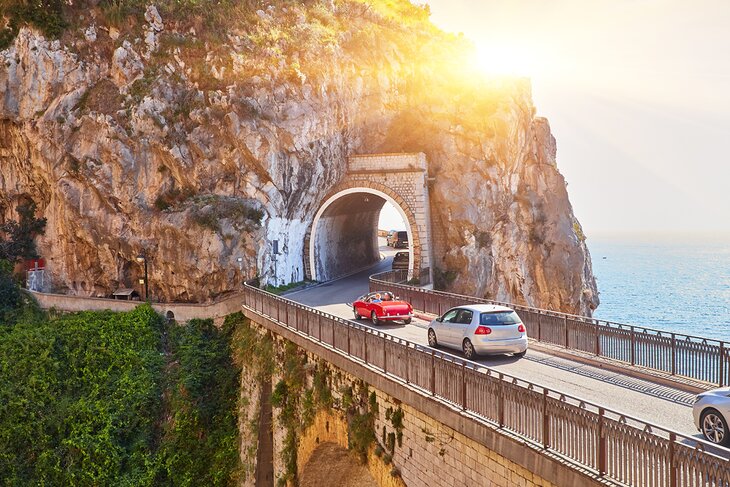 Cars crossing a bridge on the Amalfi Coast