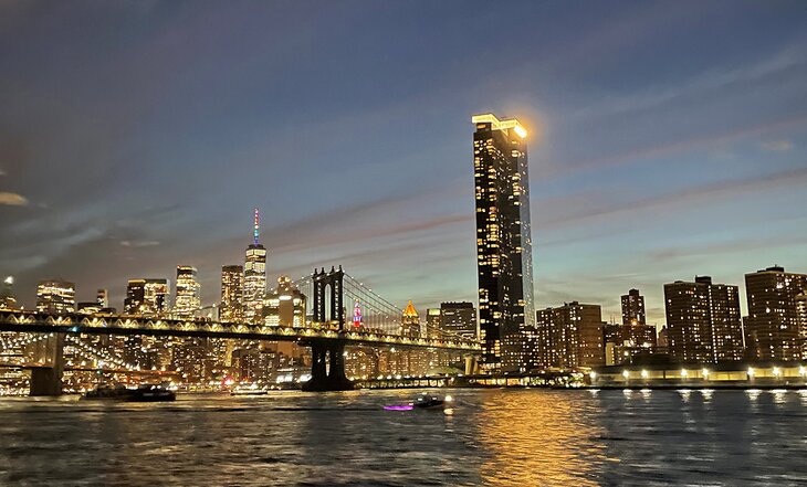 New York skyline at night from ferry
