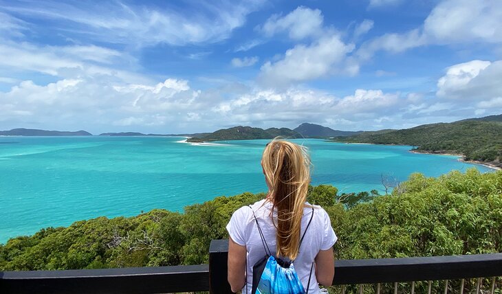 Author, Karen Hastings, admiring views over Hill Inlet and Whitehaven Beach