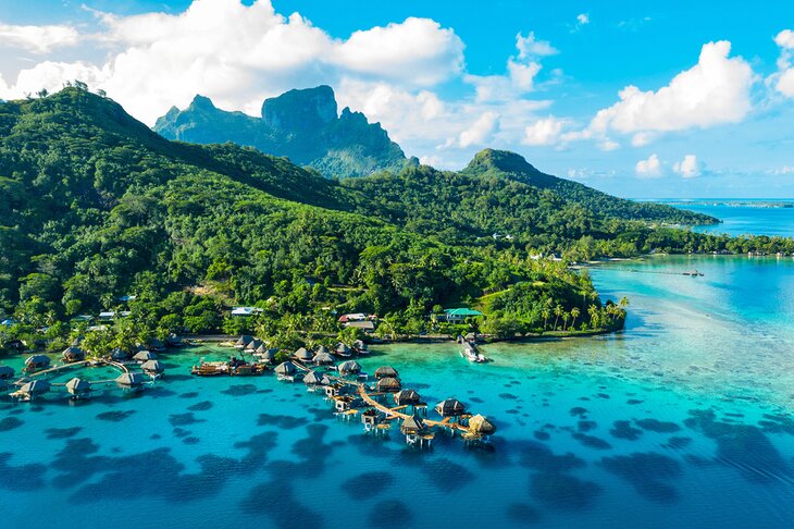 Overwater bungalows and mountains on Bora Bora