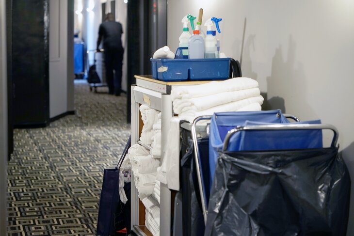 Hotel cleaning cart in hallway