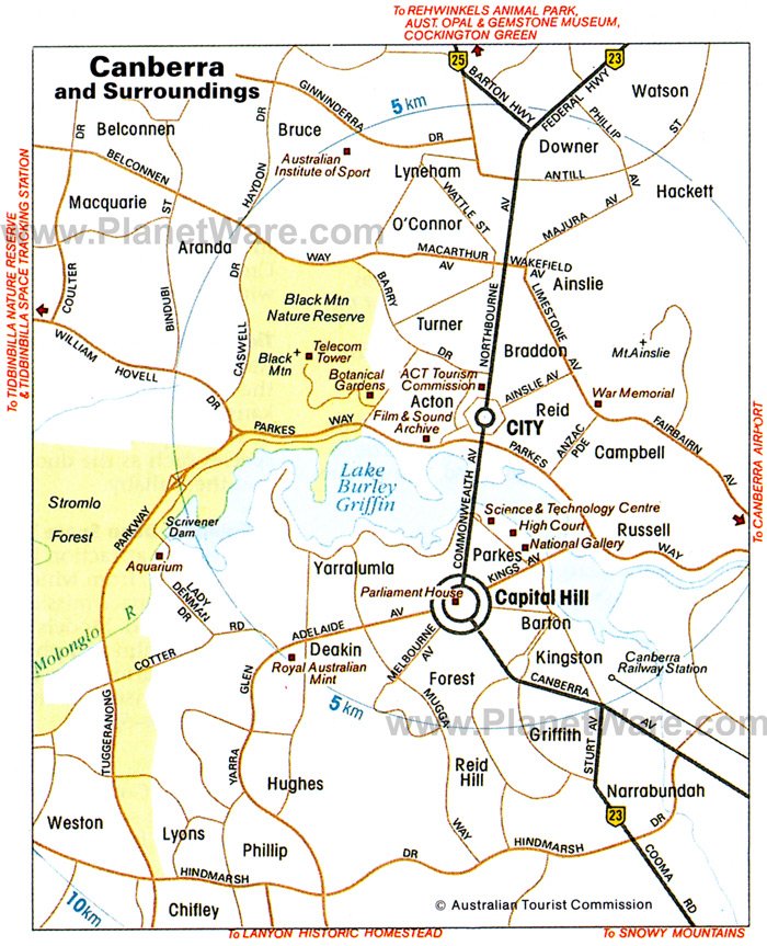 Canberra and Surroundings Map - Tourist Attractions