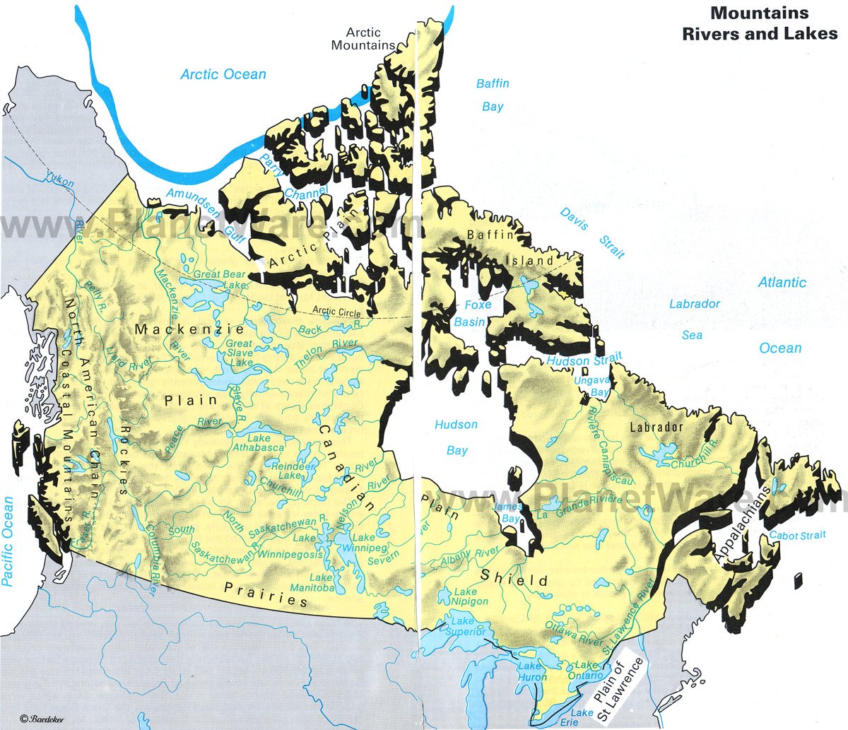 Canada Mountains Rivers and Lakes Map