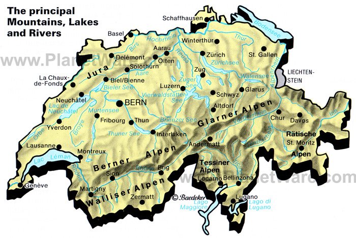 Map of Switzerland - Mountains, lakes and rivers | PlanetWare