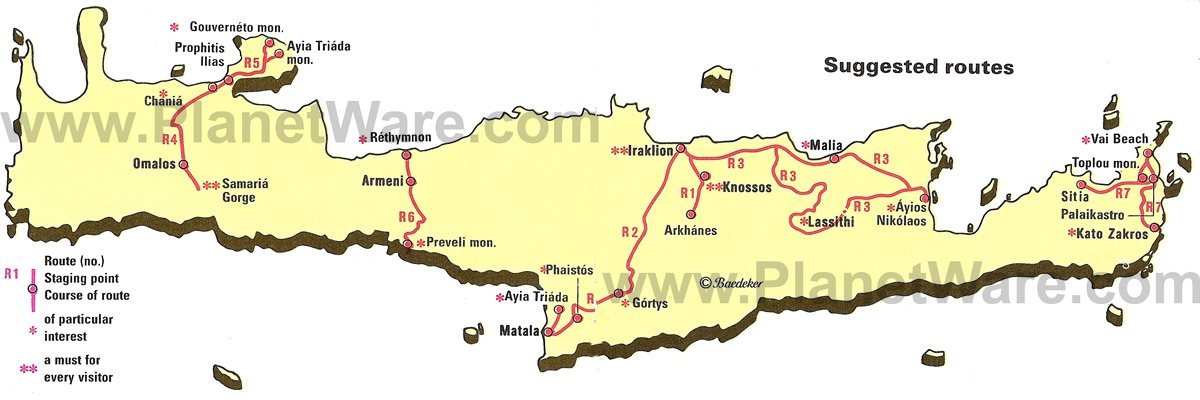 Crete - Suggested Routes Map - Tourist Attractions