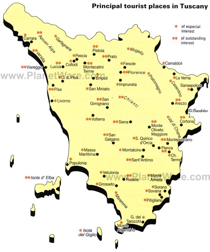 Principal Tourist Places in Tuscany Map - Tourist Attractions