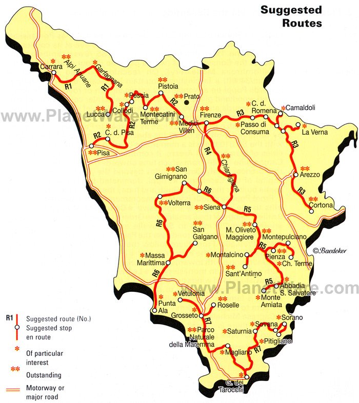 Tuscany - Suggested Tour Routes Map - Tourist Attractions