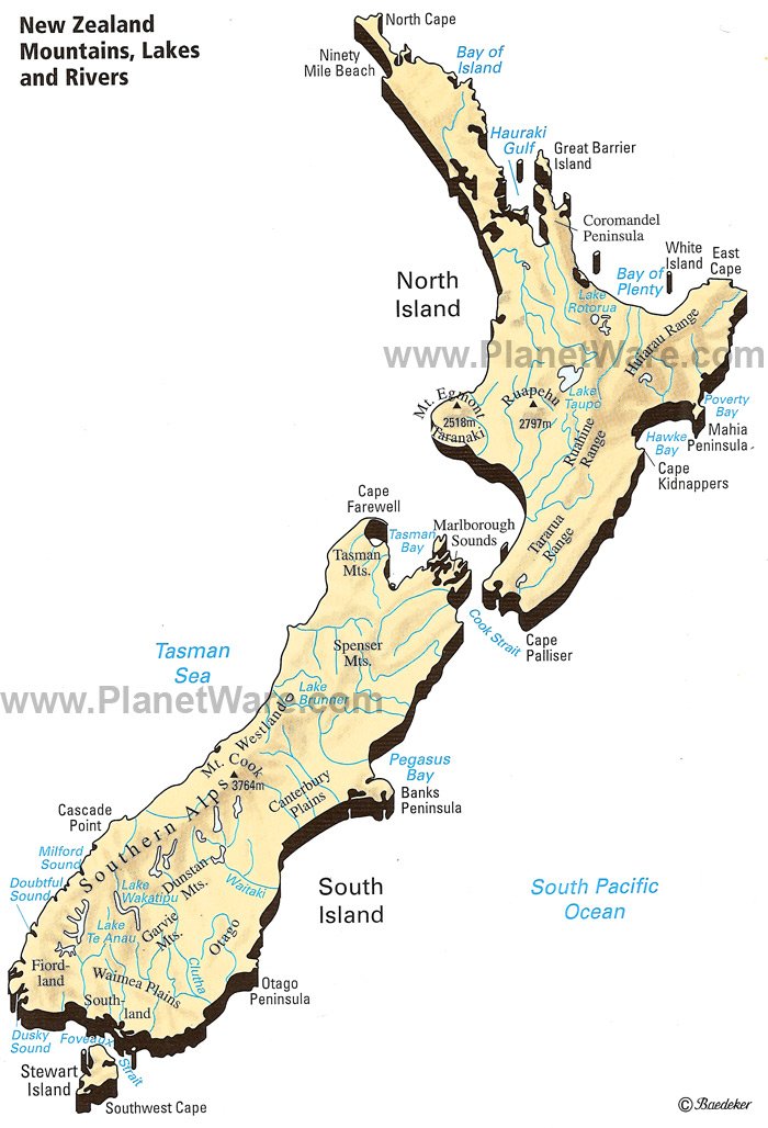 Map Of New Zealand Mountains Lakes Rivers Planetware