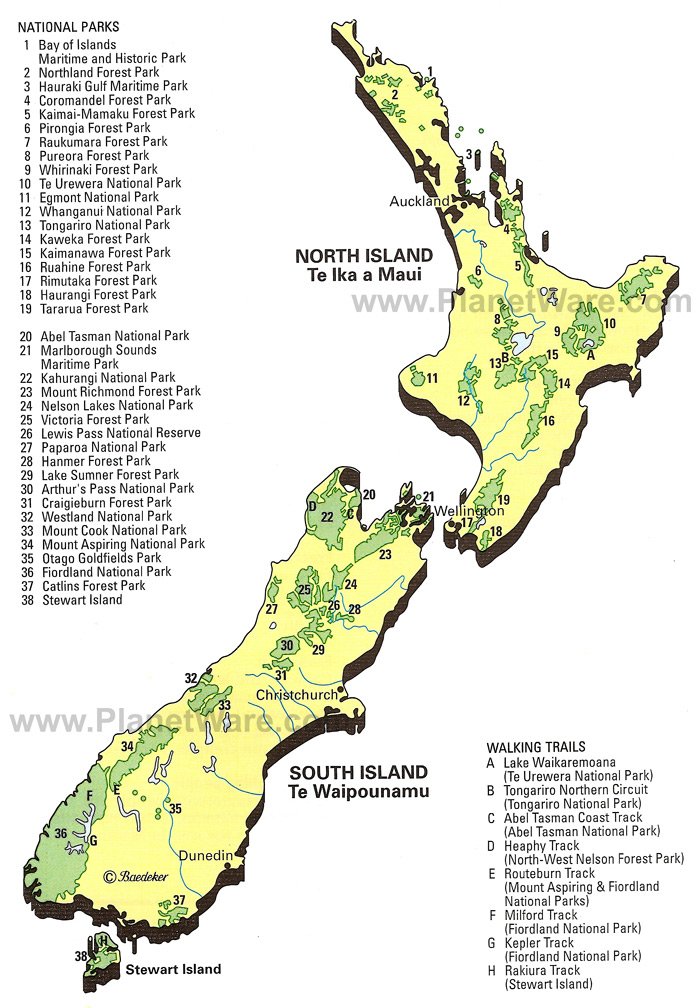 Map Of New Zealand National Parks Walking Trails Planetware