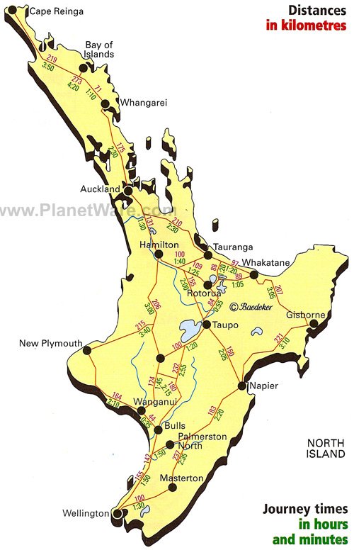 Map Of New Zealand North Island Journey Times Planetware