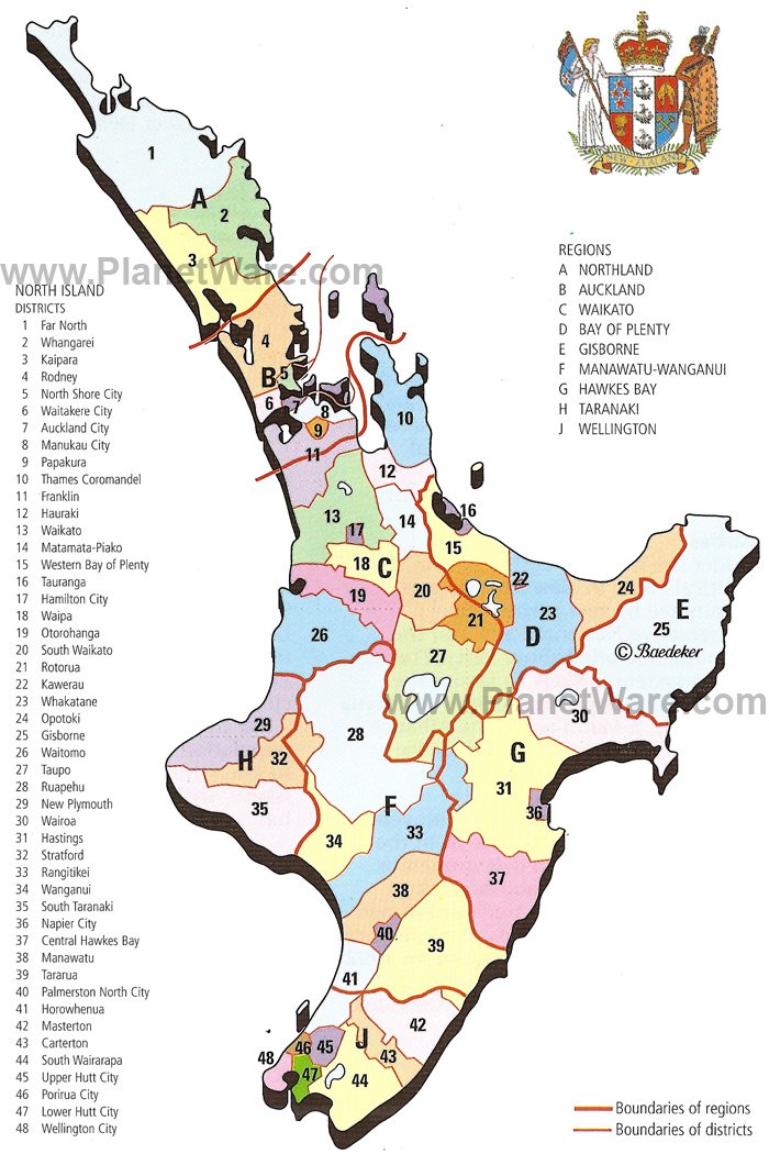 Map Of New Zealand North Island Regions And Districts Planetware