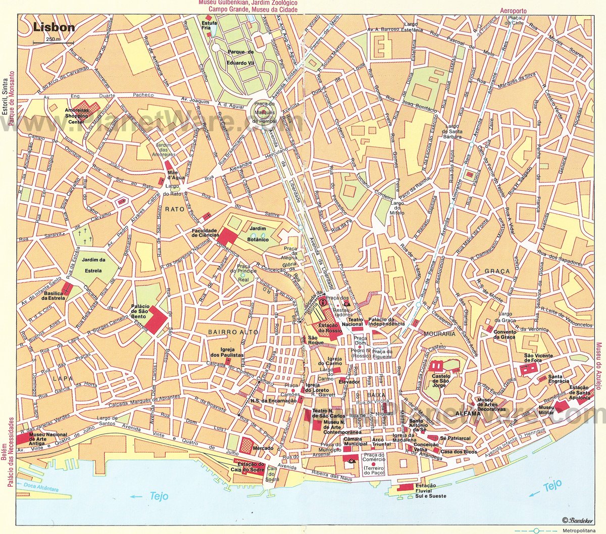 Residencial Florescente, graphical Lisbon view with touristic points of interest marked on map- Lisbon - Portugal