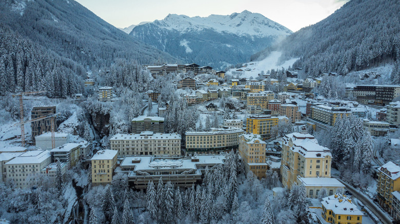 Aerial view of Bad Gastein, a Belle Epoque era Austrian spa and ski town, in the winter