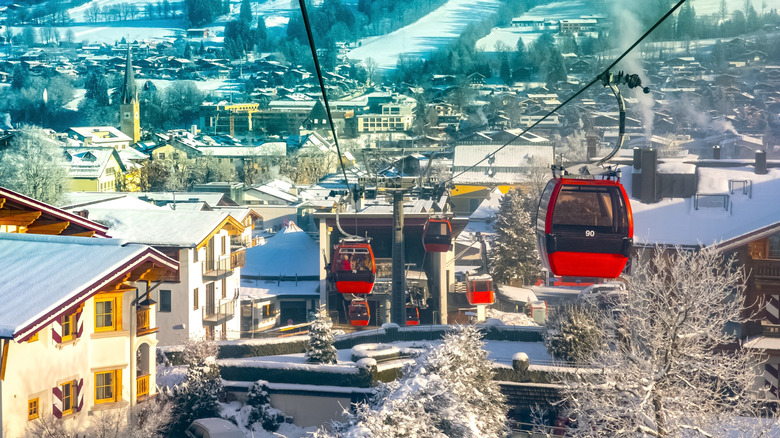 Kitzbühel ski resort and village seen from a cable car in Austrian Alps