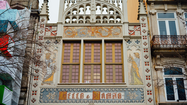 Painted facade of Livraria Lello, a historic bookstore in Porto, Portugal