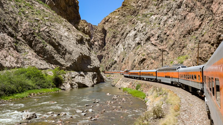 A train moves through Royal Gorge, Colorado