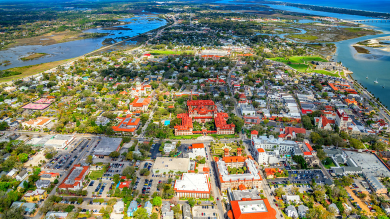 Aerial view of the beautiful city of St. Augustine, Florida along the Atlantic coastline with water, beaches, and historic architecture visible