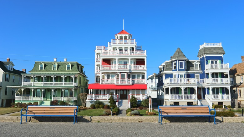 Beautiful, brightly colored Victorian houses on the beach, Cape May, New Jersey, USA