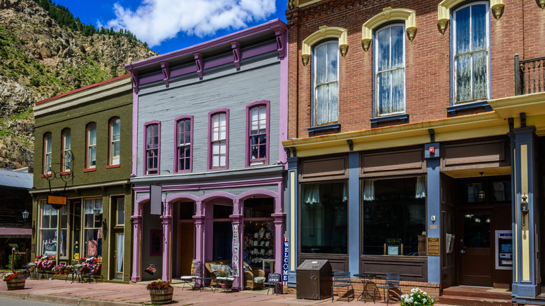 Historic, well-preserved facades in the 19th-century mining town of Georgetown, Colorado in the historic downtown district