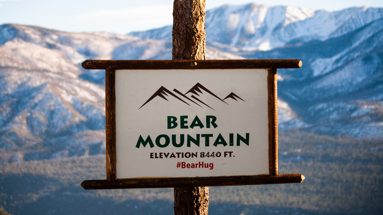 Close-up of rugged wood sign reading "Bear Mountain Elevation 8440 Ft. #BearHug" at the summit of Bear Mountain, California