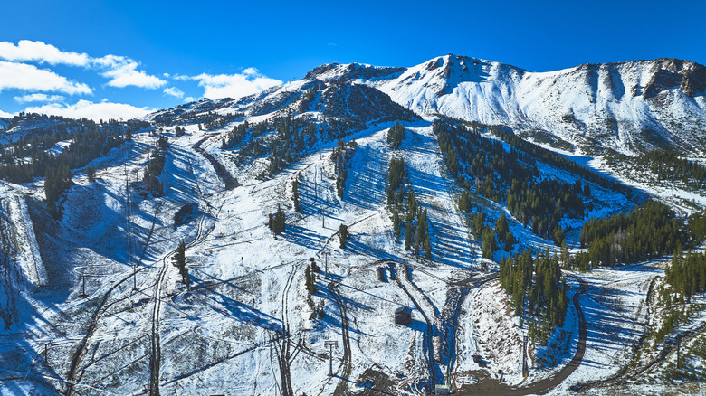 Aerial view of Mammoth ski area on a sunny day with a rugged mountain landscape, snow, evergreen trees, and ski lifts