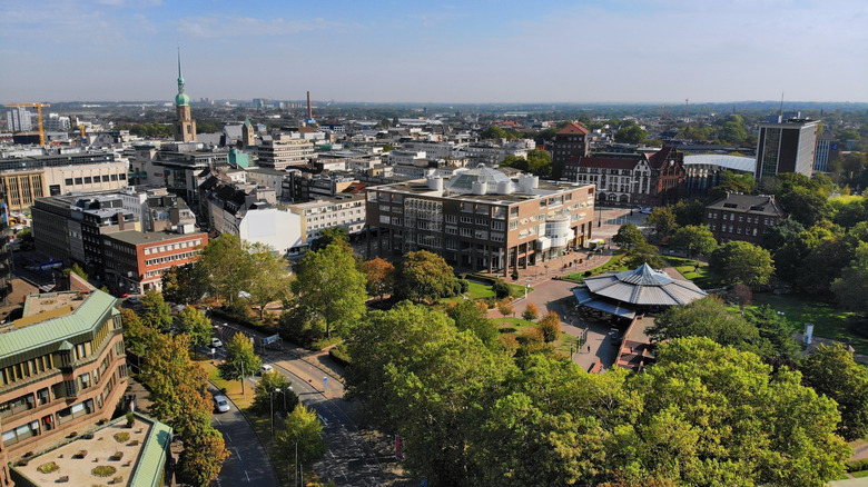 Aerial view of Dortmund city center on clear summer day.