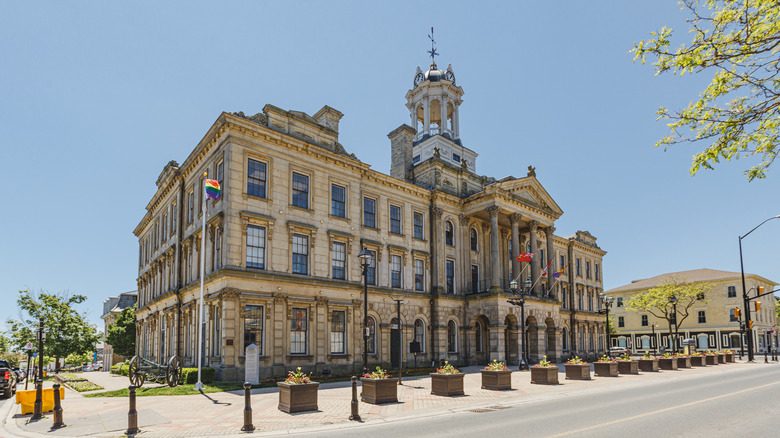 Victoria Hall in Cobourg, Canada on sunny spring day.