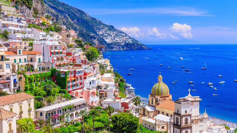 View of Positano's hillside buildings and the Mediterranean