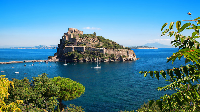 View Aragonese Castle and its footbridge on Island Ischia