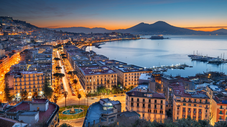 Beautiful aerial view of Naples at dawn with Mt. Vesusvius in the background