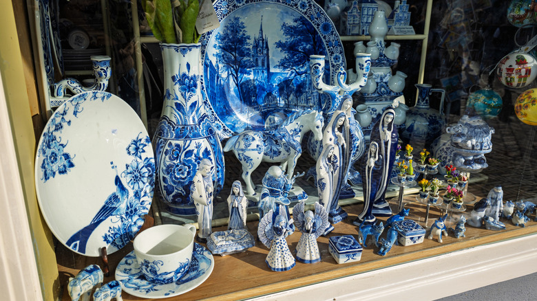 Royal Delft ceramics in a shop window in Delft
