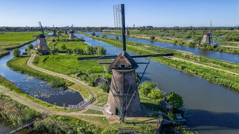 An aerial view of the Kinderdijk windmills