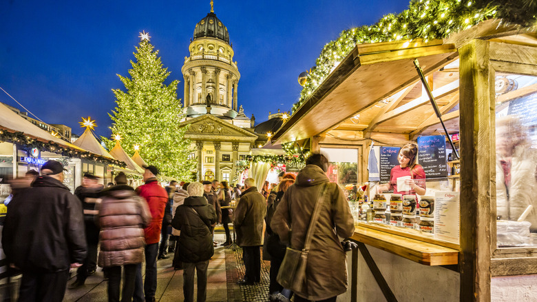 Christmas market stalls in the evening in the Gendarmenmarkt