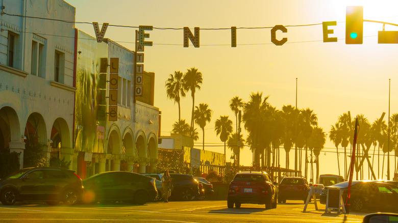 Sign for Venice Beach, Los Angeles, at sunset