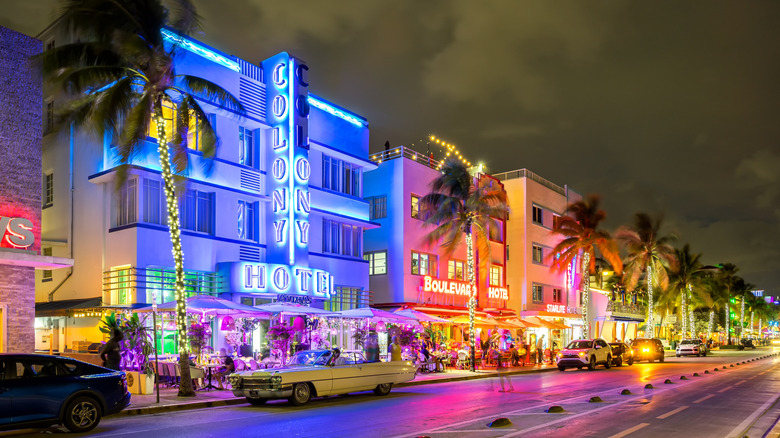 Buildings along Miami Beach's Ocean Drive in Art Deco architecture style at night