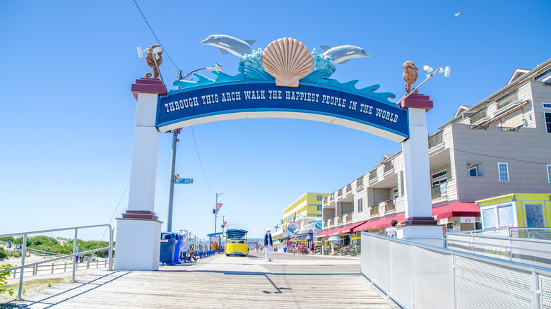 Entrance gate of Wildwood, New Jersey, boardwalk during summer day.