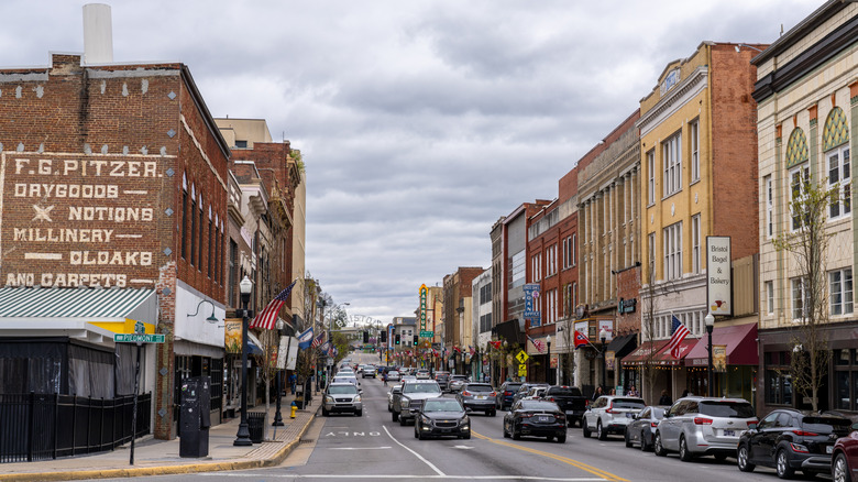 Vintage brick storefronts at the cross-section of State Street and Piedmont Street in Bristol, Virginia