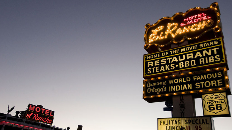 Neon sign at Hotel El Rancho in Gallup, New Mexico at night