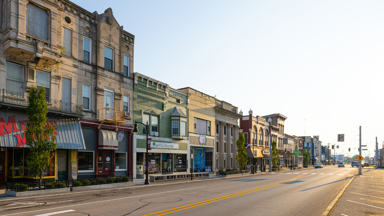 View of vintage storefronts and classic signage on Main Street in Greensburg, Indiana