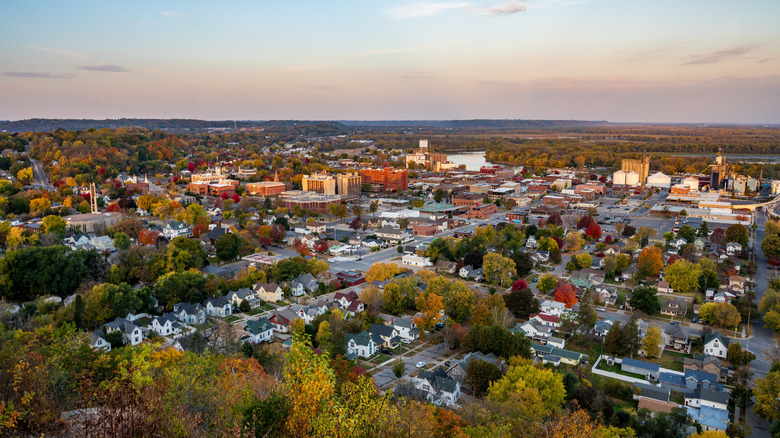 Aerial view of small town Red Wing, Minnesota in the fall